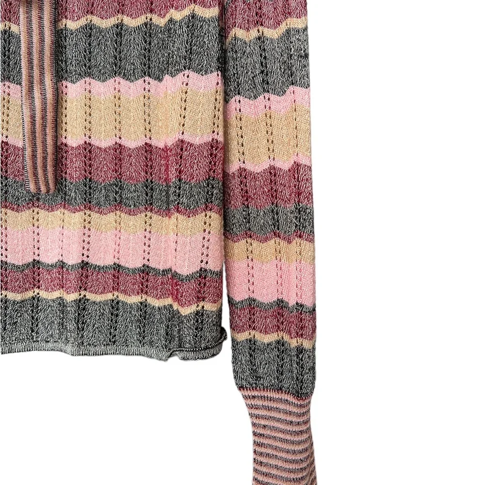 Vintage Cache Boho Large Multicolor Metallic Tie Neck Sweater Striped Chevron. - Picture 3 of 9